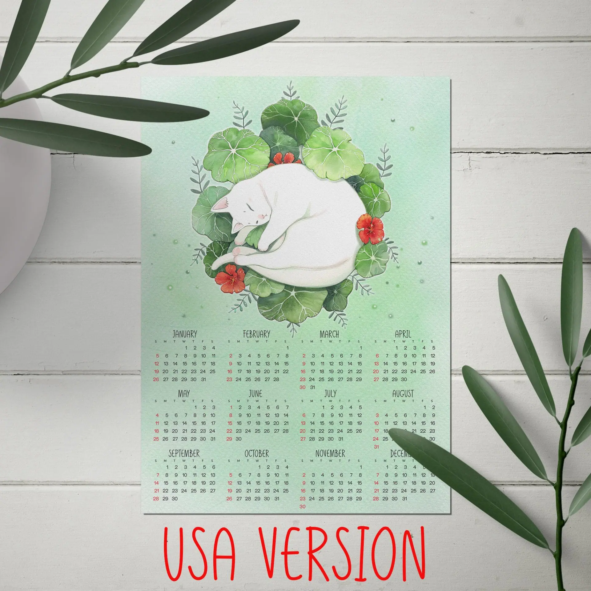 Cute cat and plants printable wall calendar, USA version