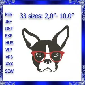 Boston Terrier Glasses Machine Embroidery Design