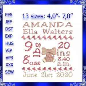 Birth Announcement template machine Embroidery Design INSTANT DOWNLOAD Baby girl Embroidery New baby Embroidery elephant birth #366