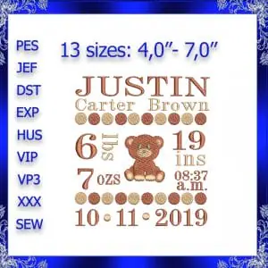 Birth Announcement template Embroidery Design INSTANT DOWNLOAD Baby girl Embroidery New baby Embroidery bear Birth kids embroidery #365