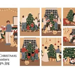Merry Christmas Cards, Family Decorating Tree, Digital Prints