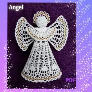 PDF Crochet Pattern Christmas angel. The PDF-file contains schemes, descriptions and step-by-step photos of decorating parts with lurex; blocking and gluing parts.
