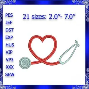 Stethoscope machine Embroidery Design Heartbeat