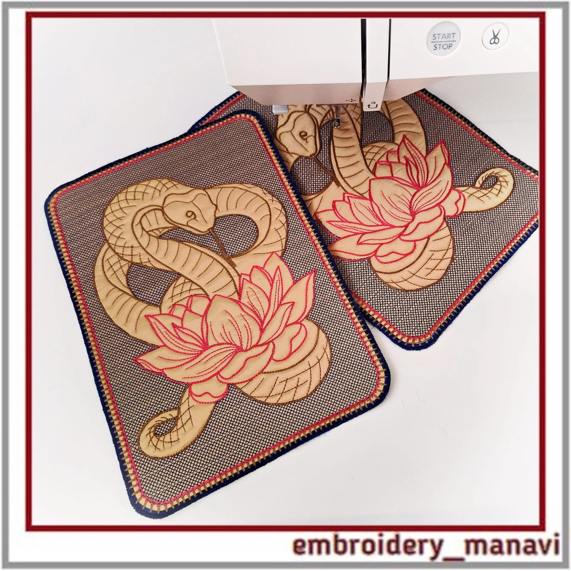 In the hoop hot plate with Snake and the lotus pattern embroidery 1 In_the_hoop_hot_plate_with_Snake_and_the_lotus_pattern_embroidery_design