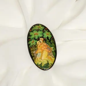 Fairy tale lacquer brooch hand-painted vintage miniature box art