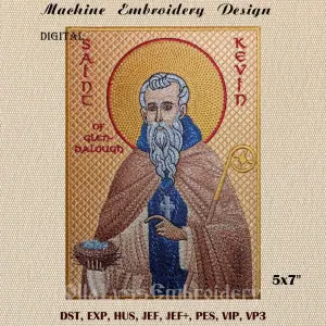 Saint Kevin of Glendalough machine embroidery design.