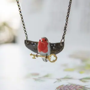Whimsical Robin Bird and Key Necklace