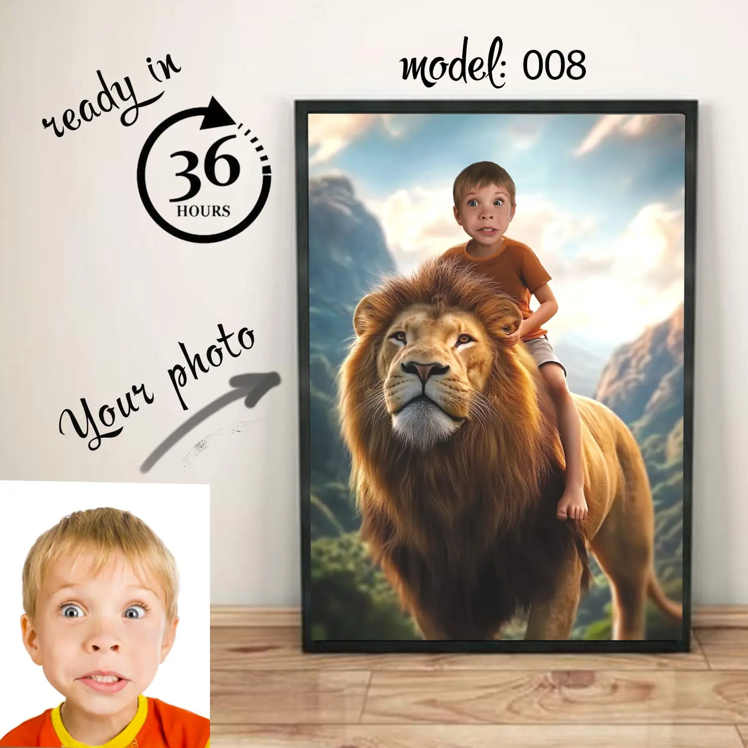 Personalized portrait of a baby boy on a lion 1 Personalized portrait of a baby boy on a lion