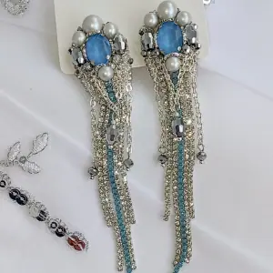 Long blue earrings with swarovski pearls Evening wedding earrings