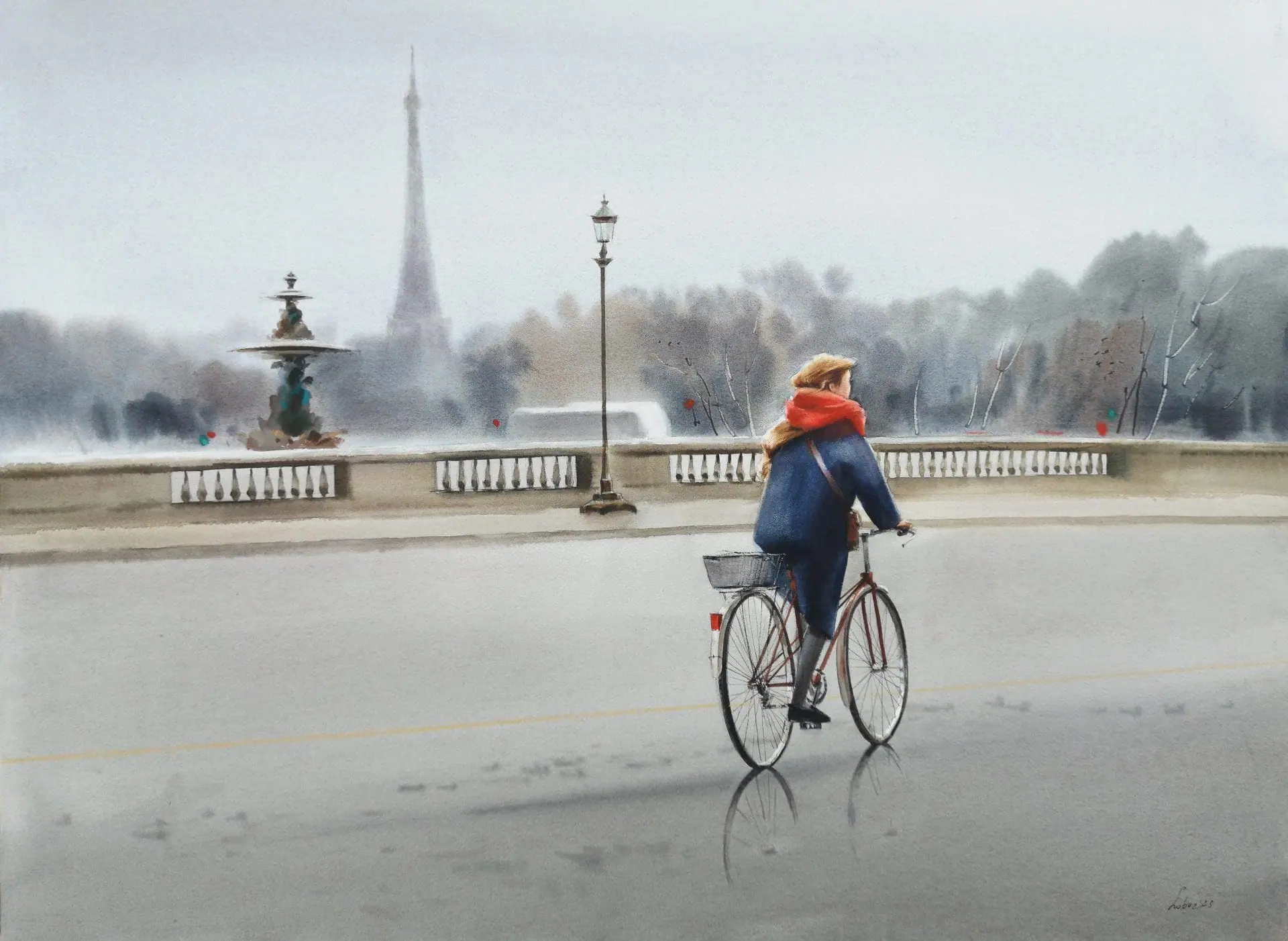 Charming Paris Watercolor Painting – Girl on Bicycle by Lobuz