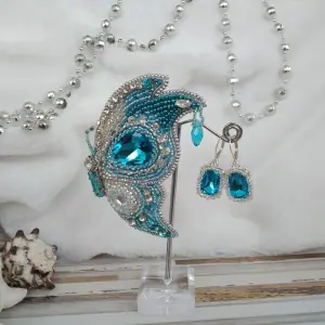 Embroidered aquamarine butterfly brooch pin, insect jewelry
