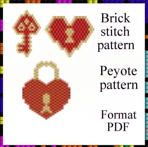Brick stitch and peyote pattern Valentine's Day Key Heart Lock