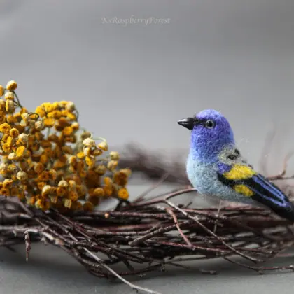 Bird brooch, Yellow-winged tanager, Thraupis abbas, needle felted