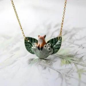 Cute Ceramic Fox in a Tea Cup Necklace