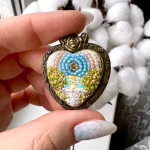 On The Shore, landscape embroidery pendant