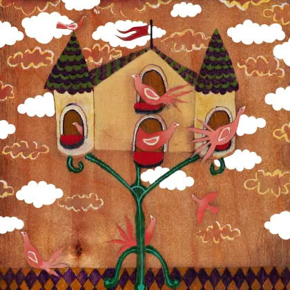 folk art painting bird clouds