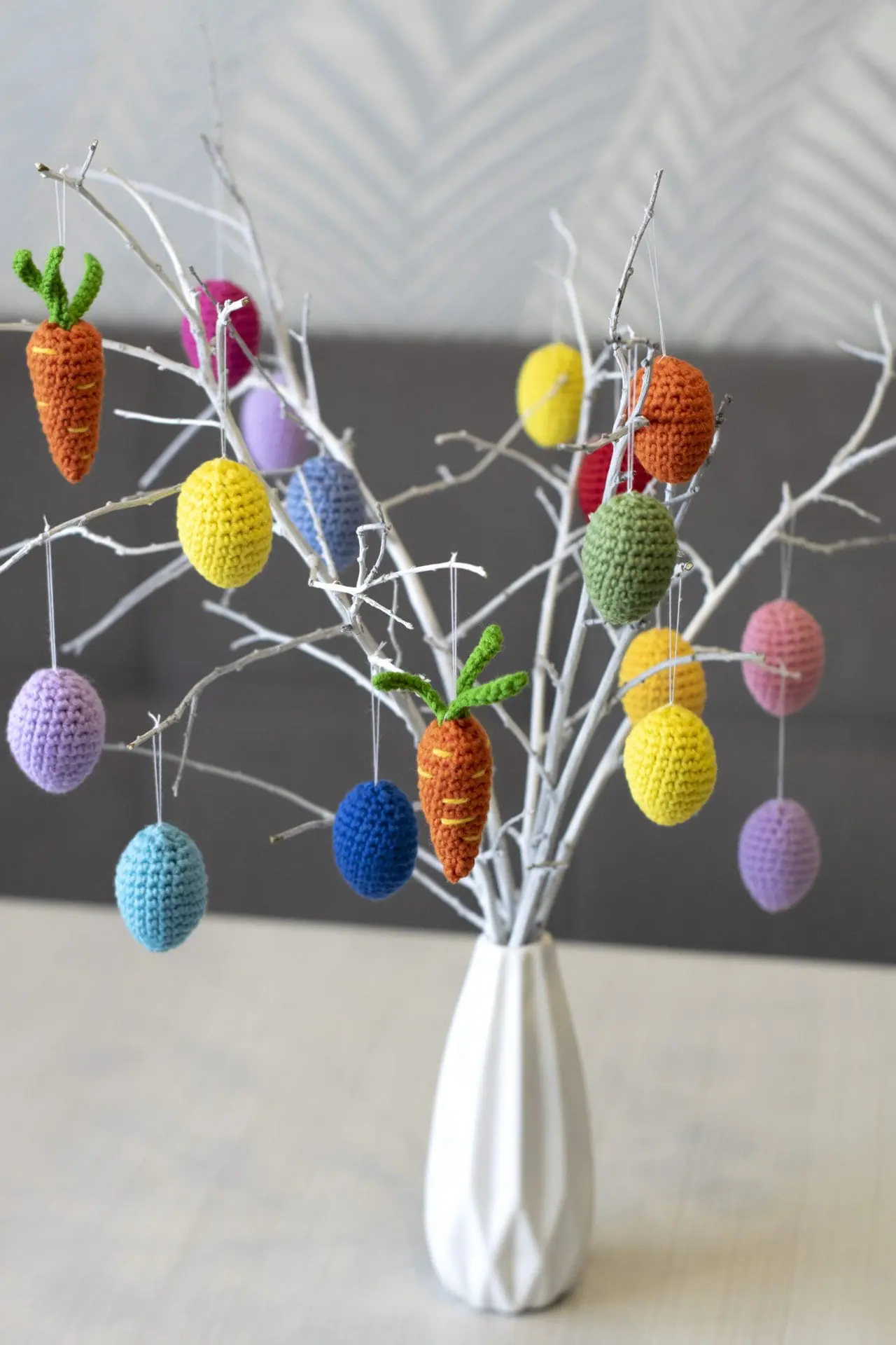 Miniature crocheted stuffed Easter Eggs and carrots 9 Easter tree with stuffed eggs and carrots