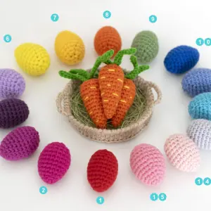 Miniature crocheted stuffed Easter Eggs and carrots
