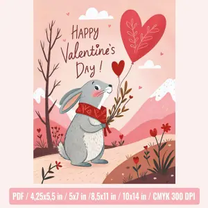 Funny and adorable Valentine's Day bunny card with heart balloons and flowers