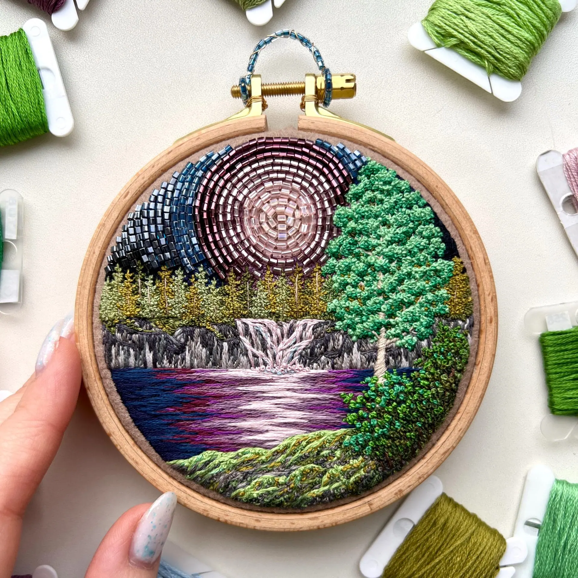 Midnight Waterfall hand embroidery landscape