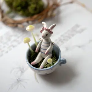 Whimsical Ceramic Rabbit Art Doll
