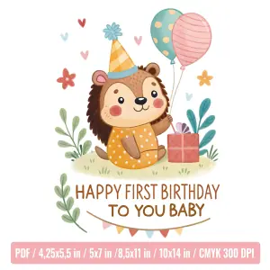 Adorable First Birthday Card – Cute Hedgehog Illustration