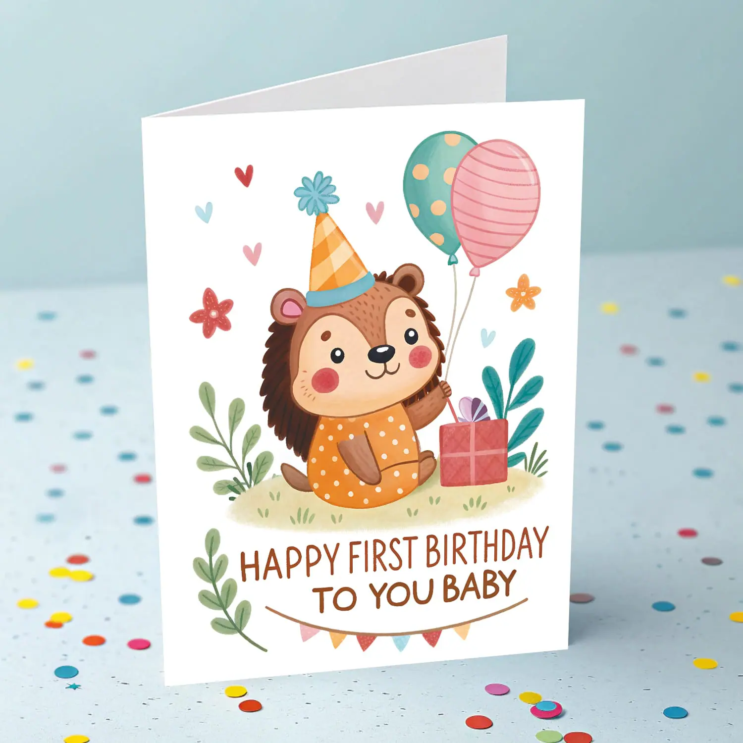 Adorable Happy First Birthday Baby Card - Hedgehog Illustration 2 Adorable First Birthday Card – Cute Hedgehog Illustration