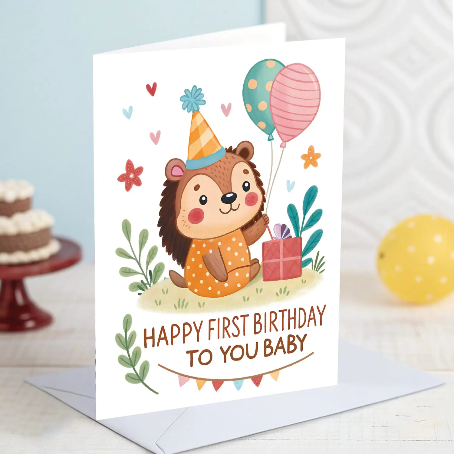 Adorable Happy First Birthday Baby Card - Hedgehog Illustration 3 Adorable Happy First Birthday Baby Card - Hedgehog Illustration - Image 3