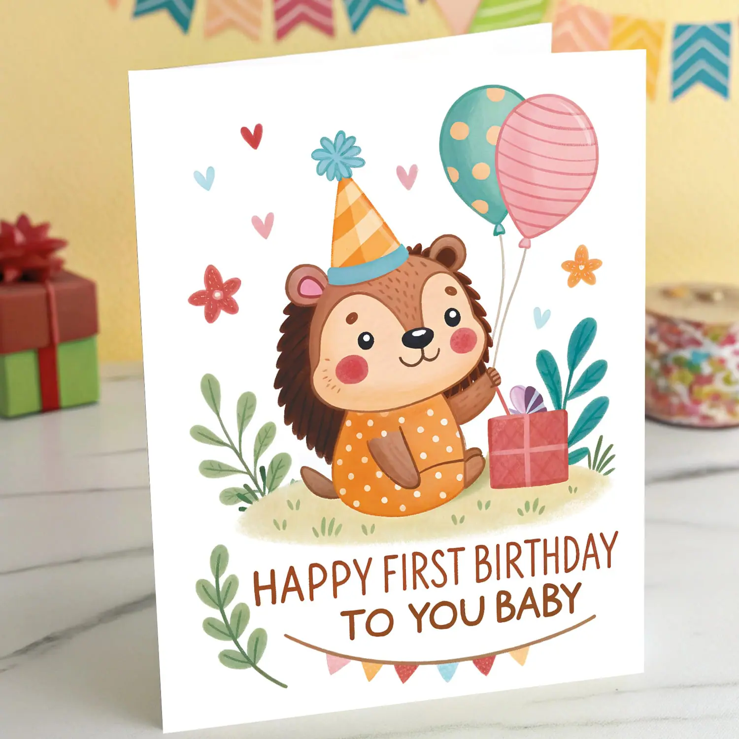 Adorable Happy First Birthday Baby Card - Hedgehog Illustration 4 Adorable First Birthday Card – Cute Hedgehog Illustration