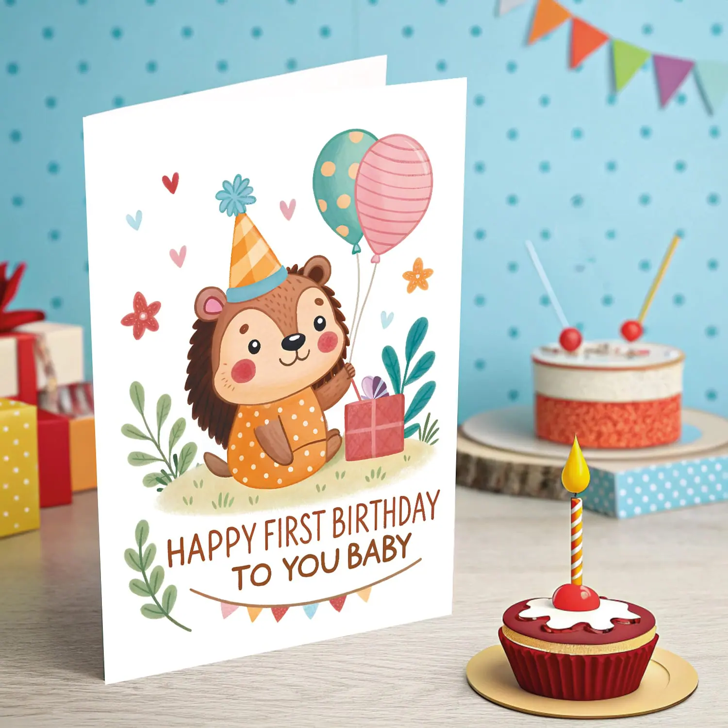 Adorable Happy First Birthday Baby Card - Hedgehog Illustration 5 Adorable First Birthday Card – Cute Hedgehog Illustration