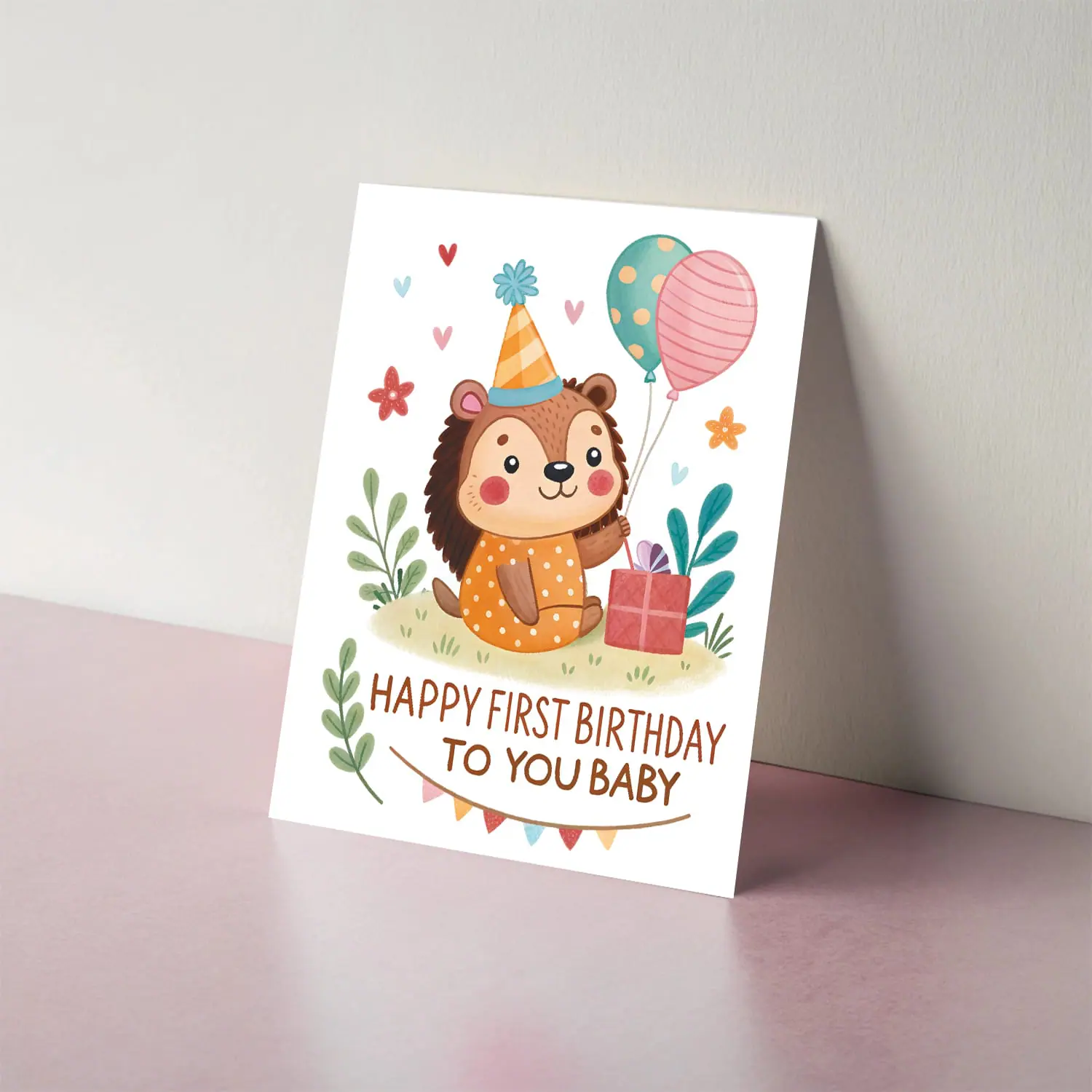 Adorable Happy First Birthday Baby Card - Hedgehog Illustration 8 Adorable First Birthday Card – Cute Hedgehog Illustration