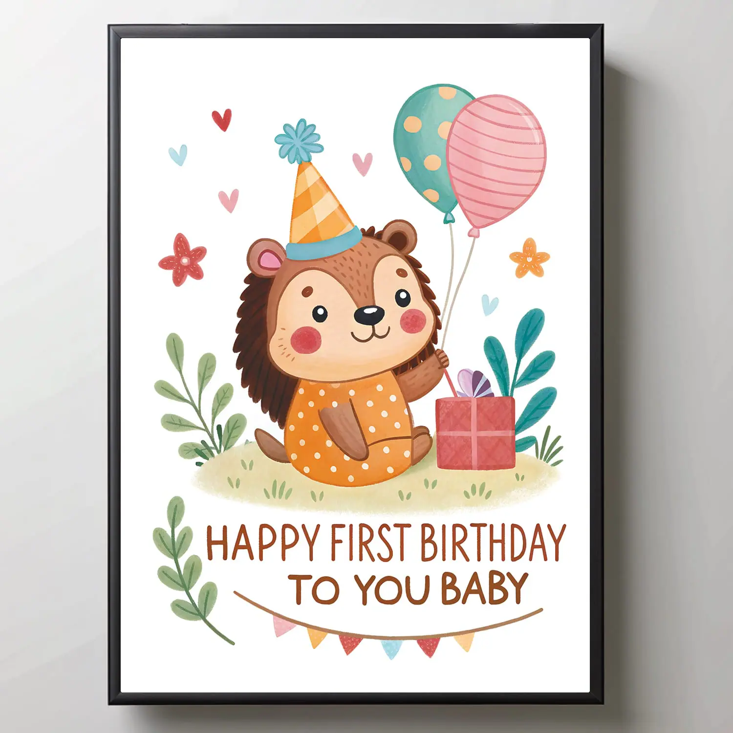 Adorable Happy First Birthday Baby Card - Hedgehog Illustration 9 Adorable Happy First Birthday Baby Card - Hedgehog Illustration - Image 9