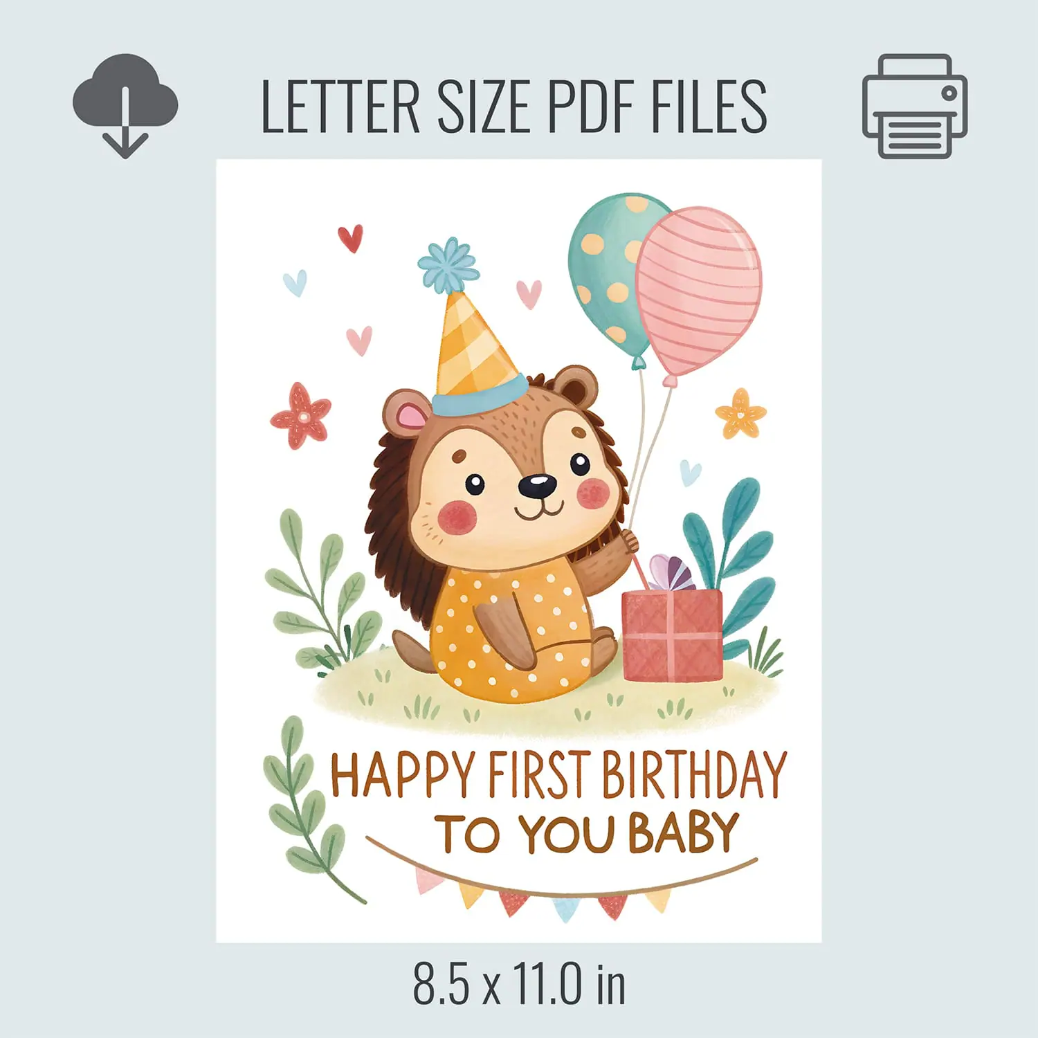 Adorable Happy First Birthday Baby Card - Hedgehog Illustration 11 Adorable Happy First Birthday Baby Card - Hedgehog Illustration - Image 11