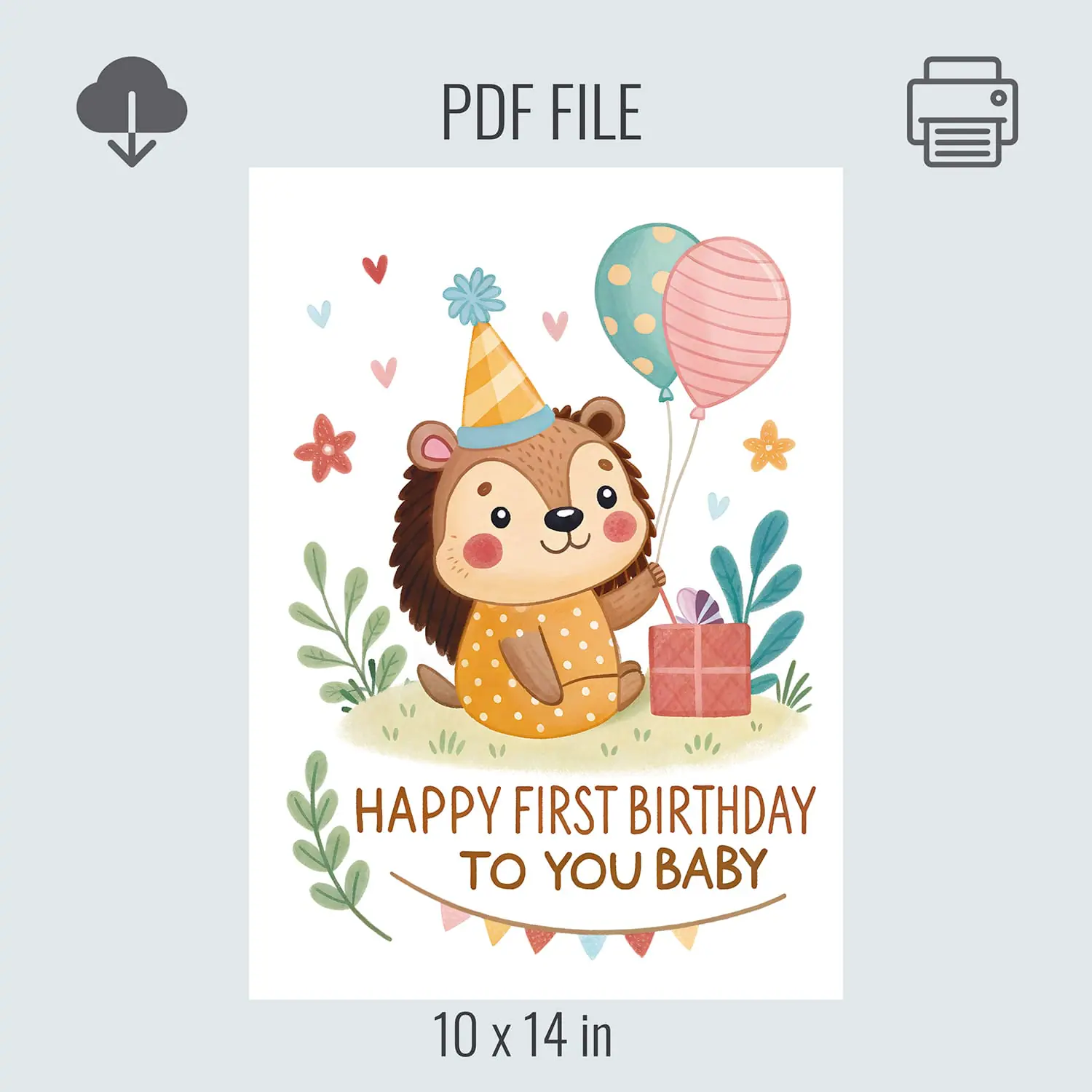 Adorable Happy First Birthday Baby Card - Hedgehog Illustration 12 Adorable Happy First Birthday Baby Card - Hedgehog Illustration - Image 12