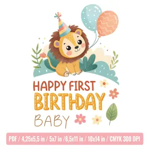 First Birthday Card – Cute Lion Illustration