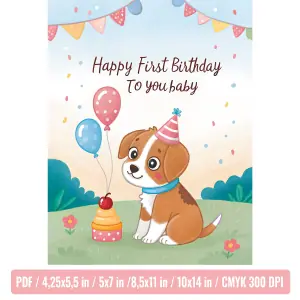Adorable Baby First Birthday Card – Cute Dog, Baby Milestone Keepsake, Personalized Baby Gift, Nursery Decor