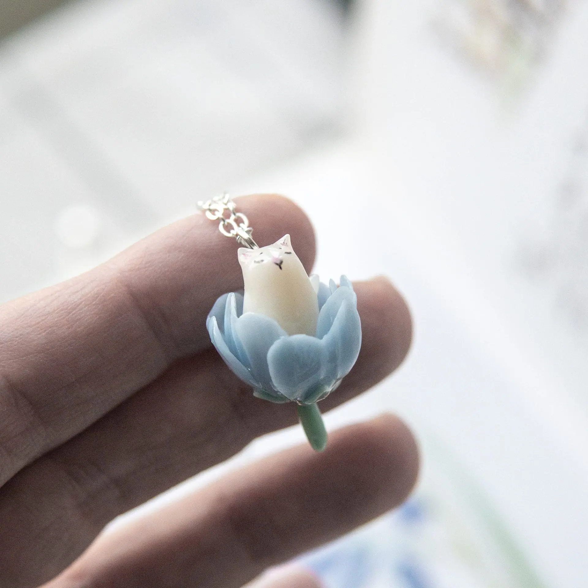 Whimsical Cat in the Flower Necklace, Botanical pendant 5 Whimsical Cat in the Flower Necklace, Botanical pendant - Image 5