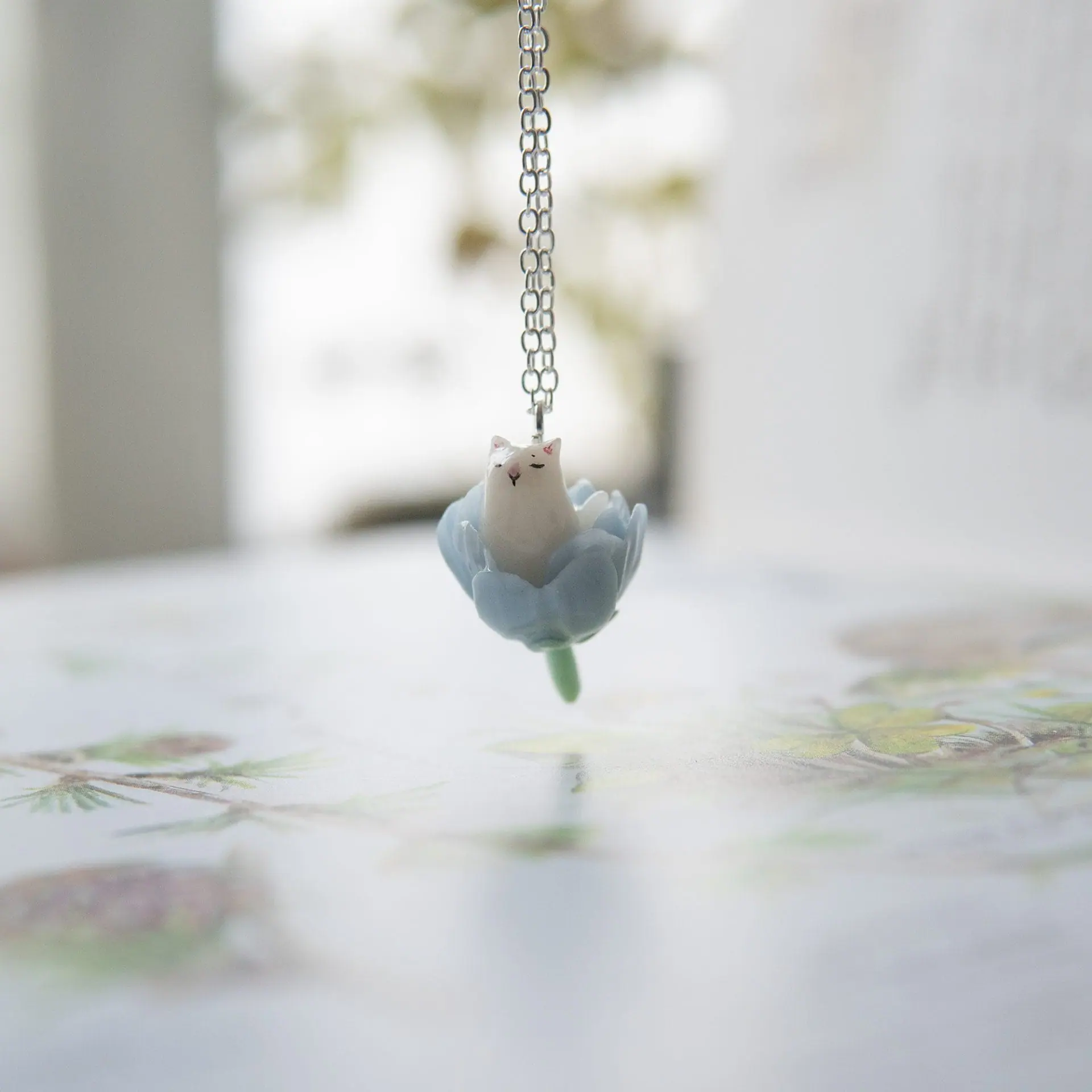 Whimsical Cat in the Flower Necklace, Botanical pendant 3 Whimsical Cat in the Flower Necklace, Botanical pendant - Image 3
