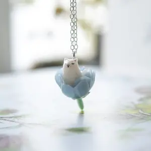 Whimsical Cat in the Flower Necklace, Botanical pendant