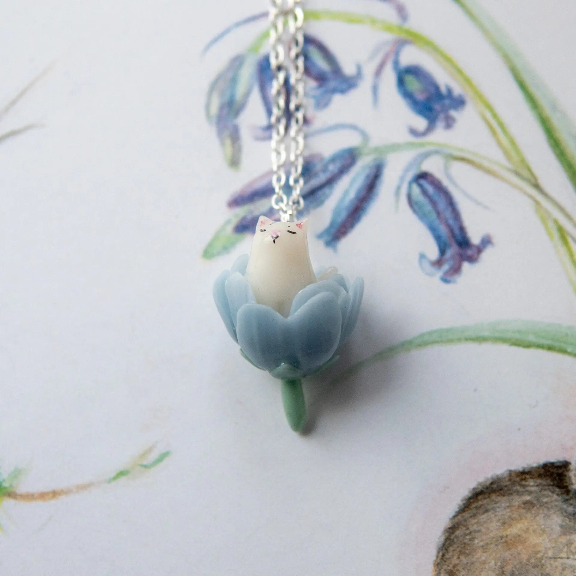 Whimsical Cat in the Flower Necklace, Botanical pendant 4 Whimsical Cat in the Flower Necklace, Botanical pendant - Image 4