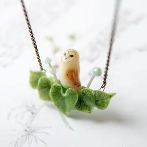 Charming barn owl and mushrooms polymer clay necklace