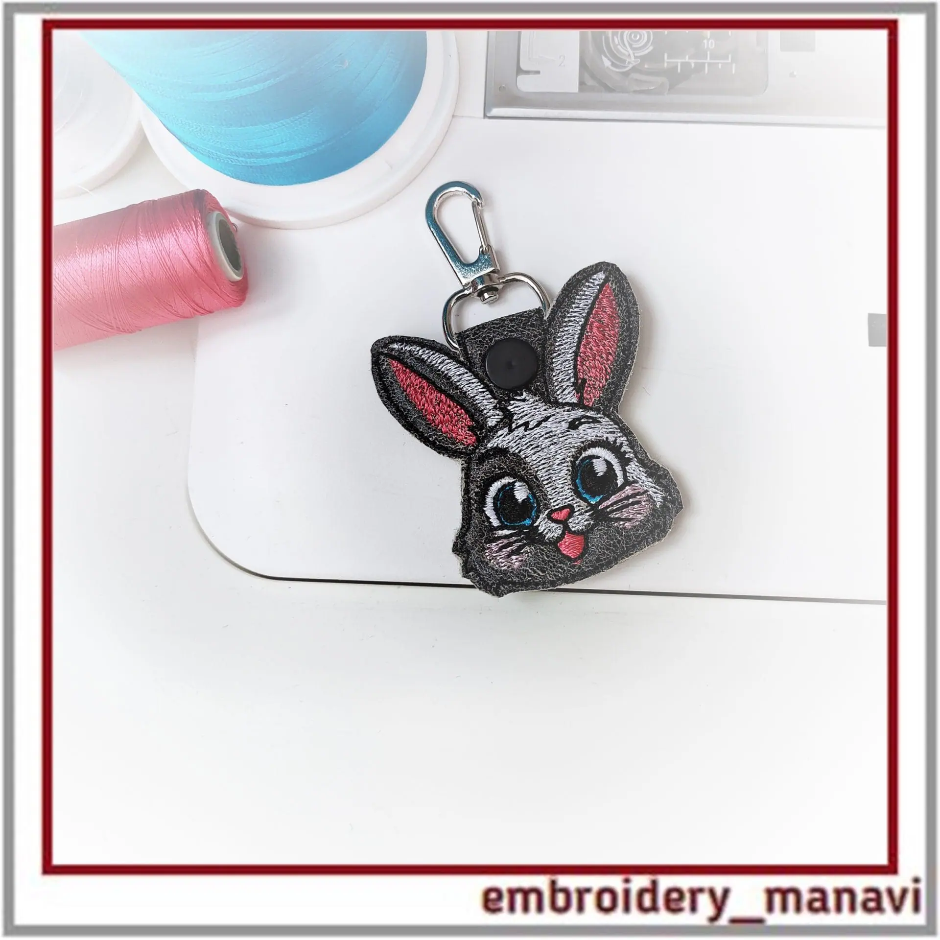 In the hoop Keychain Jolly Bunny embroidery design ITH key fob - Crealandia