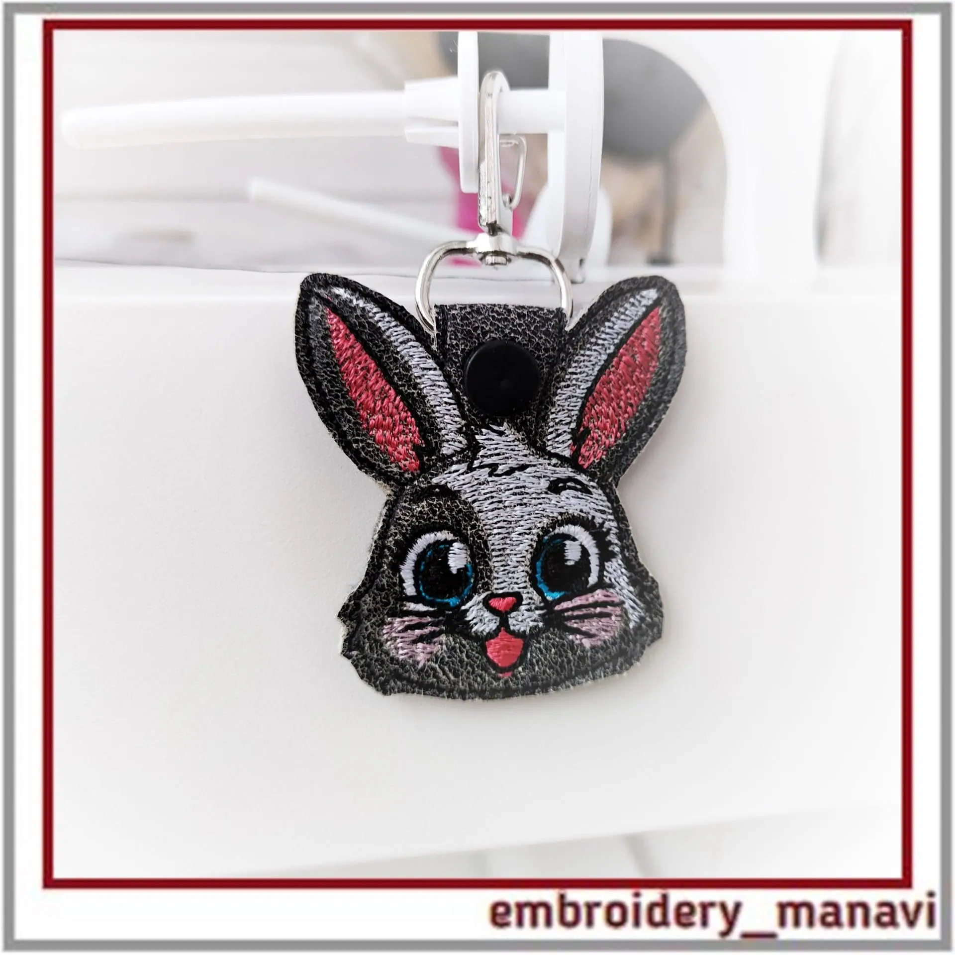 In the hoop Keychain Jolly Bunny embroidery design ITH key fob - Crealandia