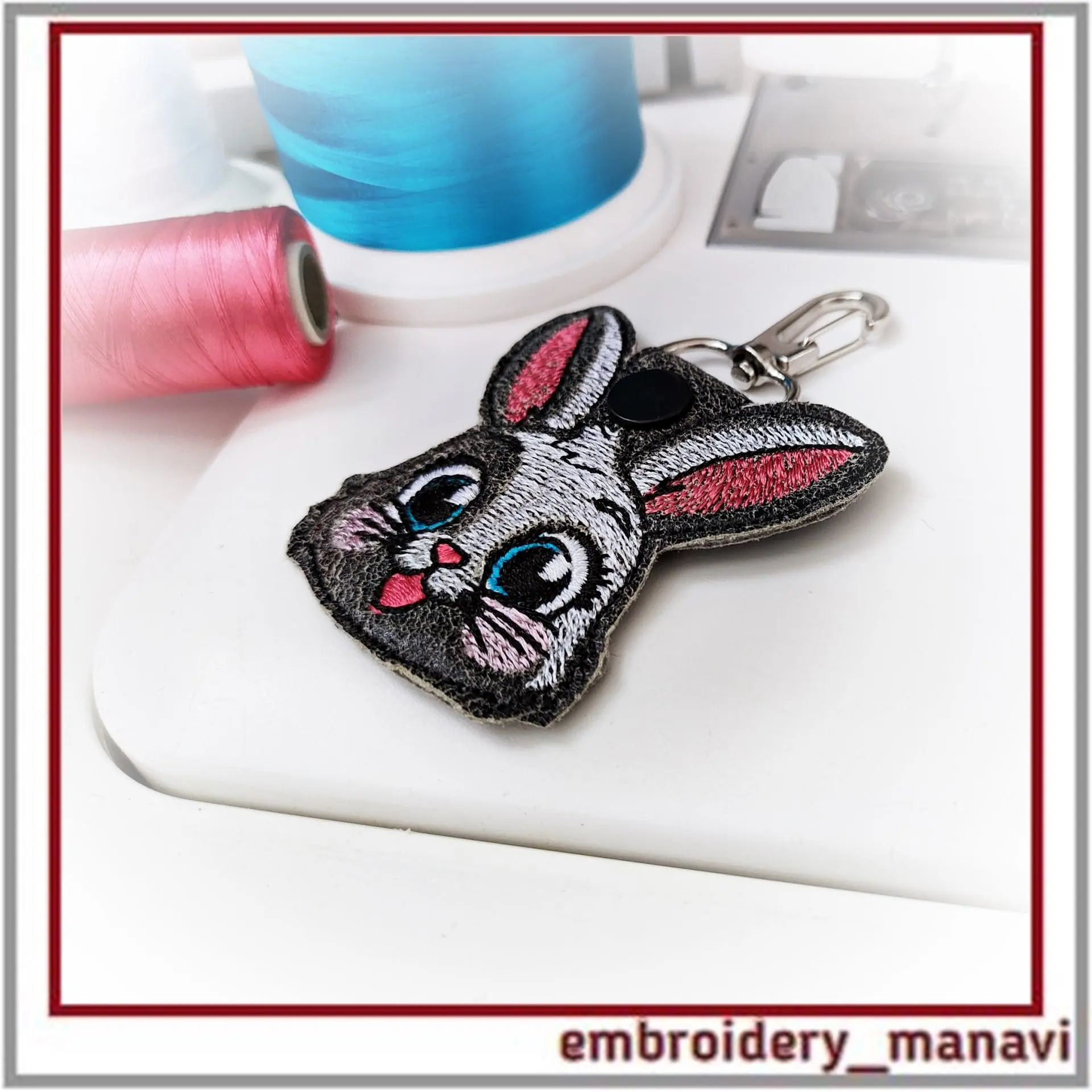 In the hoop Keychain Jolly Bunny embroidery design ITH key fob - Crealandia