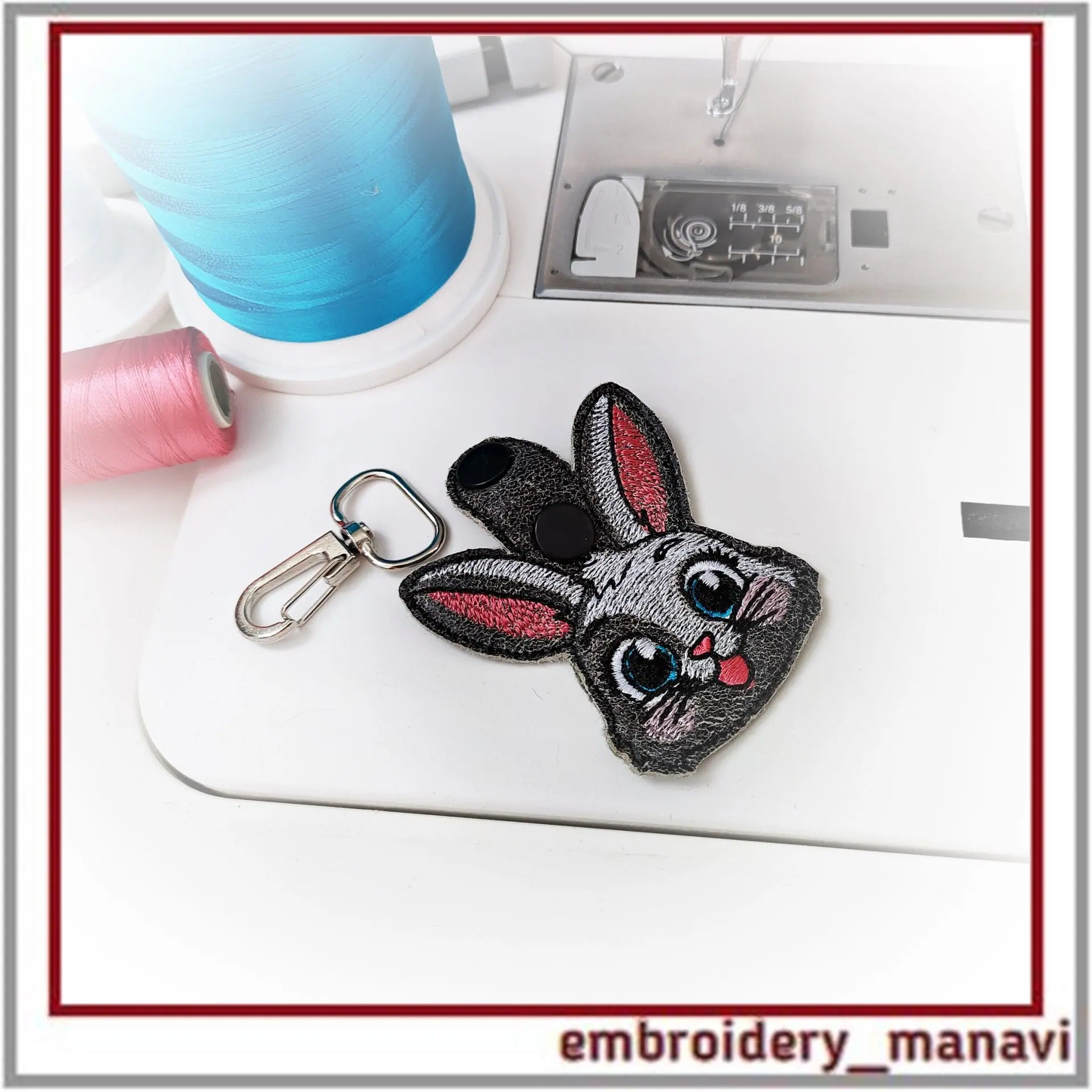 In the hoop Keychain Jolly Bunny embroidery design ITH key fob - Crealandia