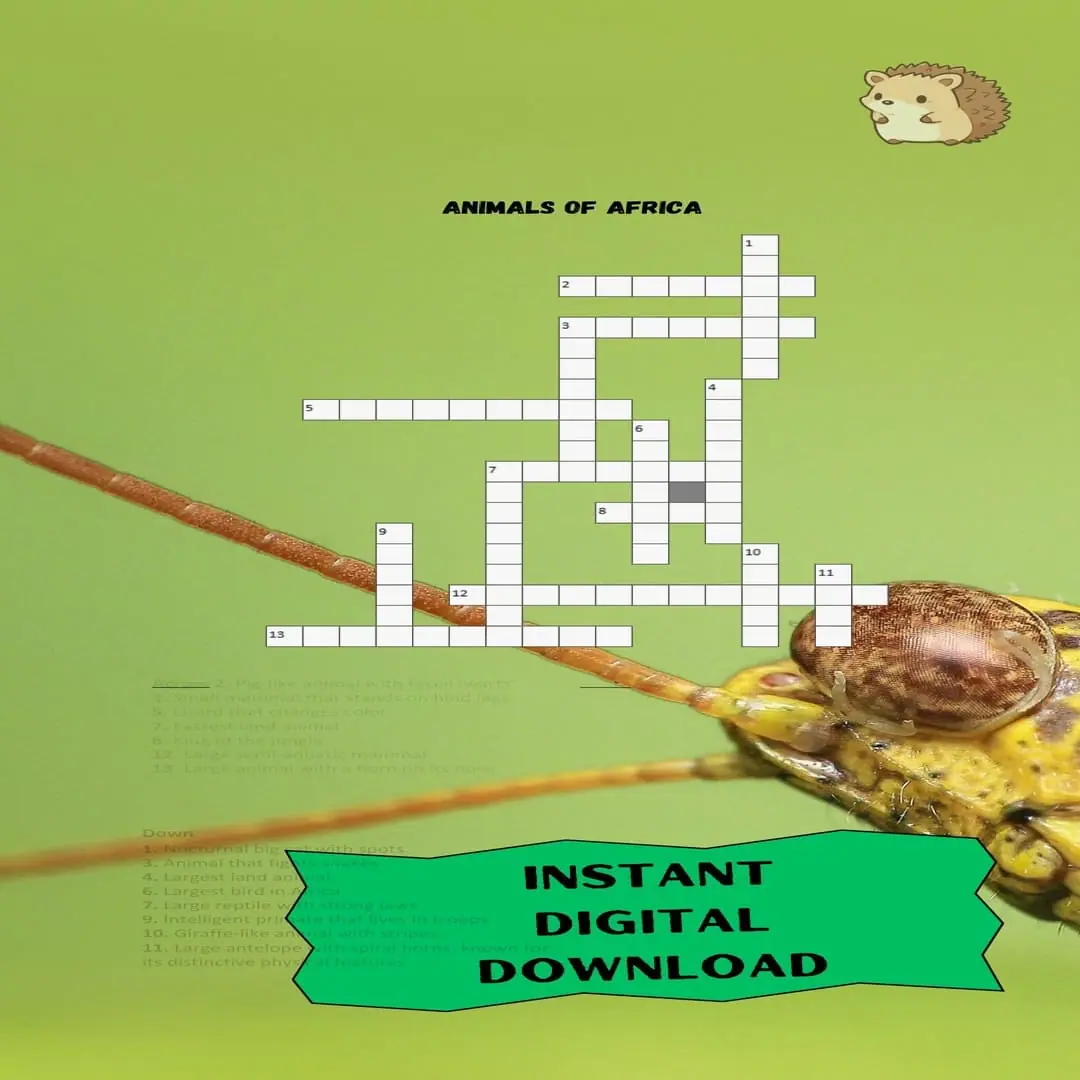 Puzzle Crossword Printable Animals of Africa Classroom Activity.