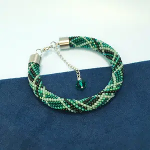 Bead crochet bracelet, knitted beaded bracelet, tartan pattern