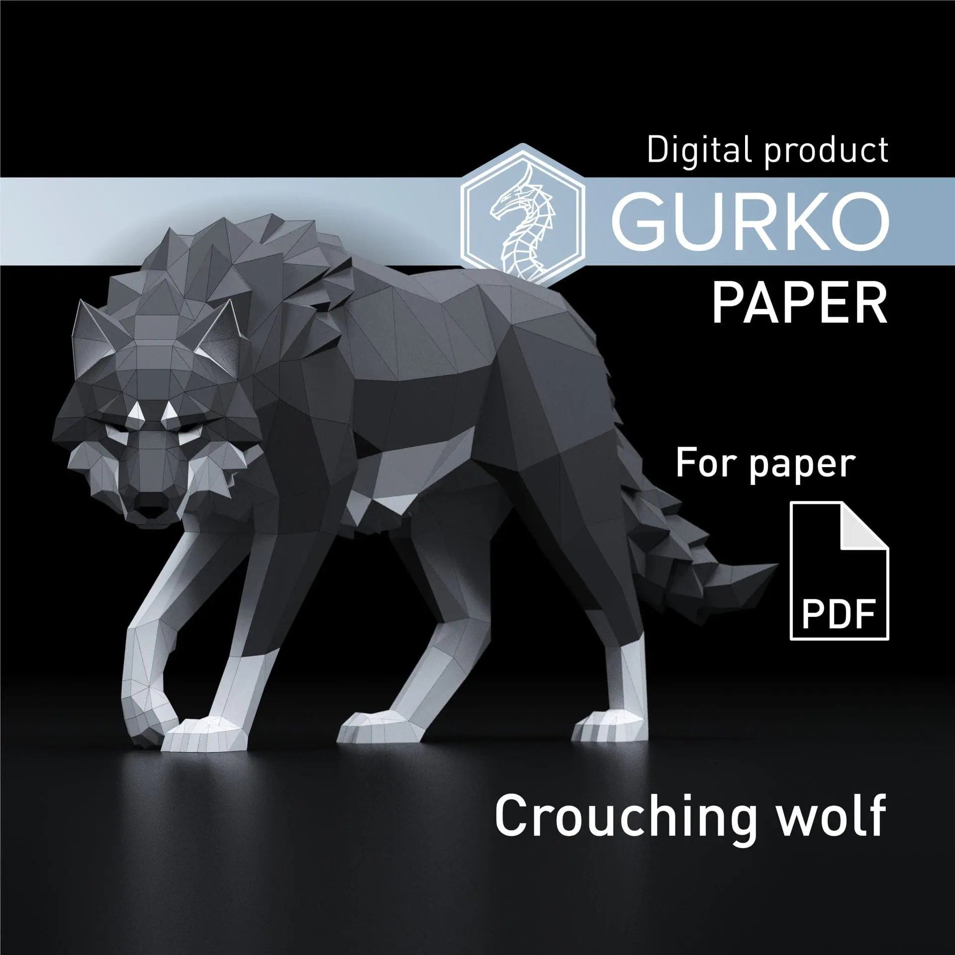 Crouching Wolf Papercraft, Pdf, Gurko, Pepakura, Low Poly, DIY