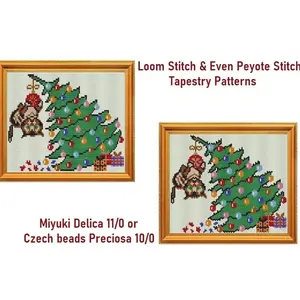 Loom & Even-Count Peyote stitch "Cat & Christmas Tree" Tapestry