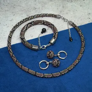 handmade jewelry, bead crochet necklace, bracelet, earrings, gift for her, unique design, knitted beaded bracelet, knitted jewelry set, brided earrings, bead crochet set, snake pattern, smyken